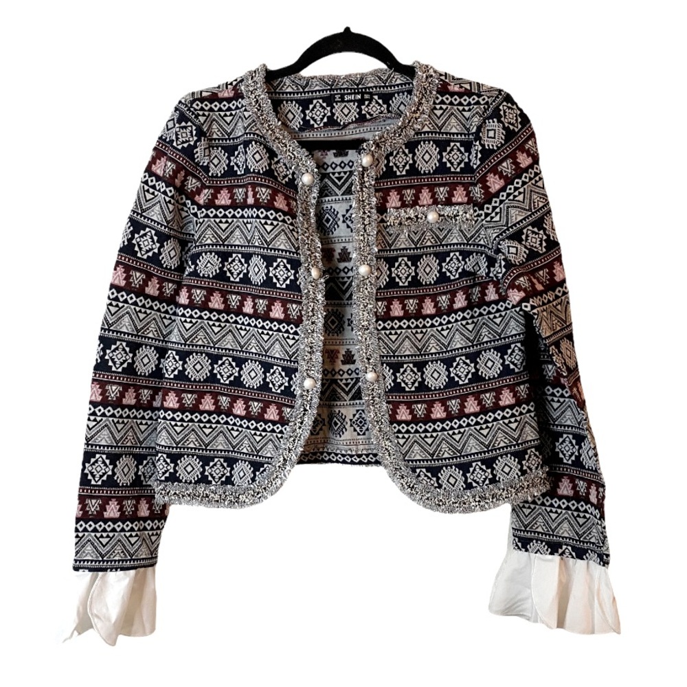 Shein Aztec Geometric Print Open Front Blazer Jacket White Ruffle Sleeve